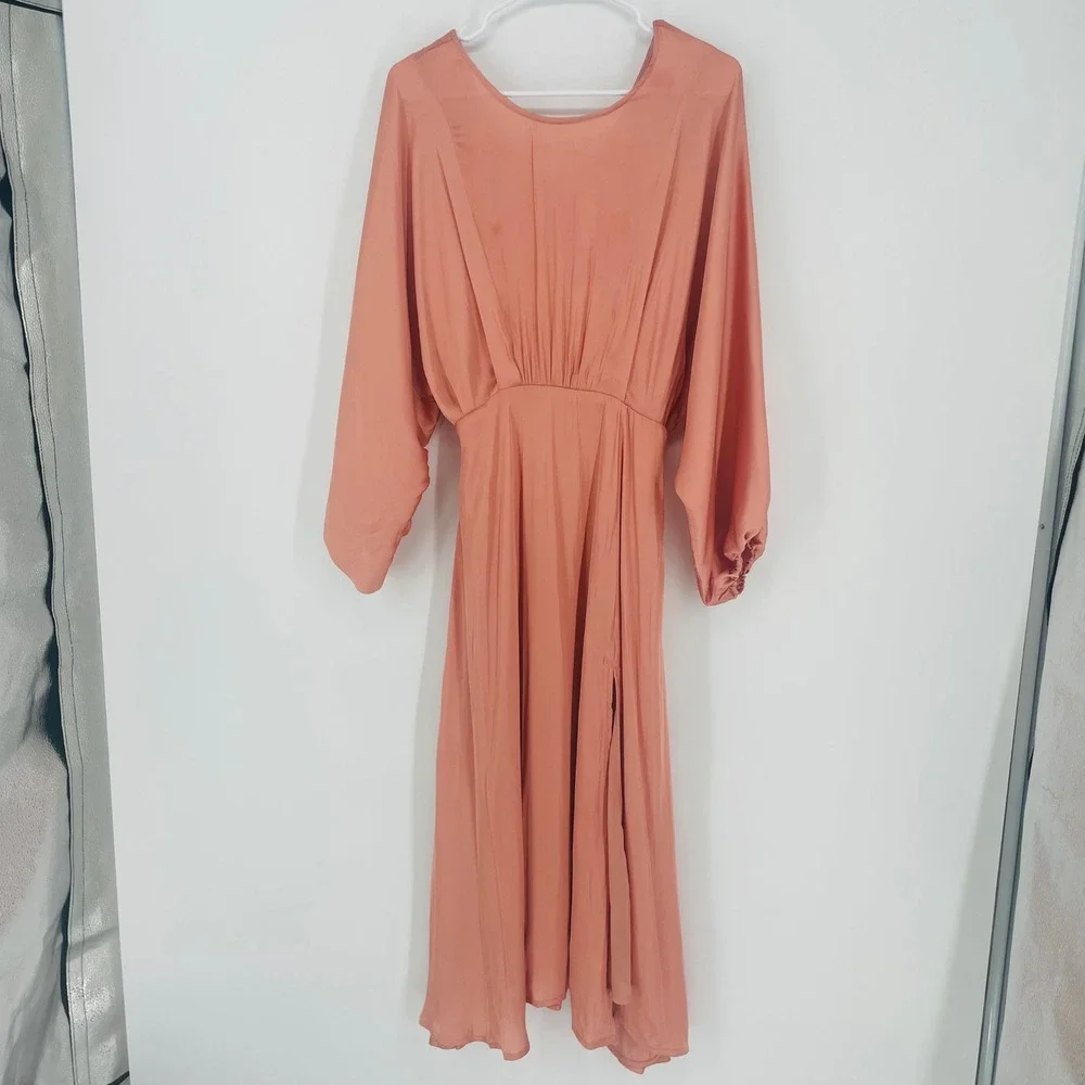 Blush Satin Midi Dress in Rose Blush with Balloon Sleeves - Picture 2 of 16